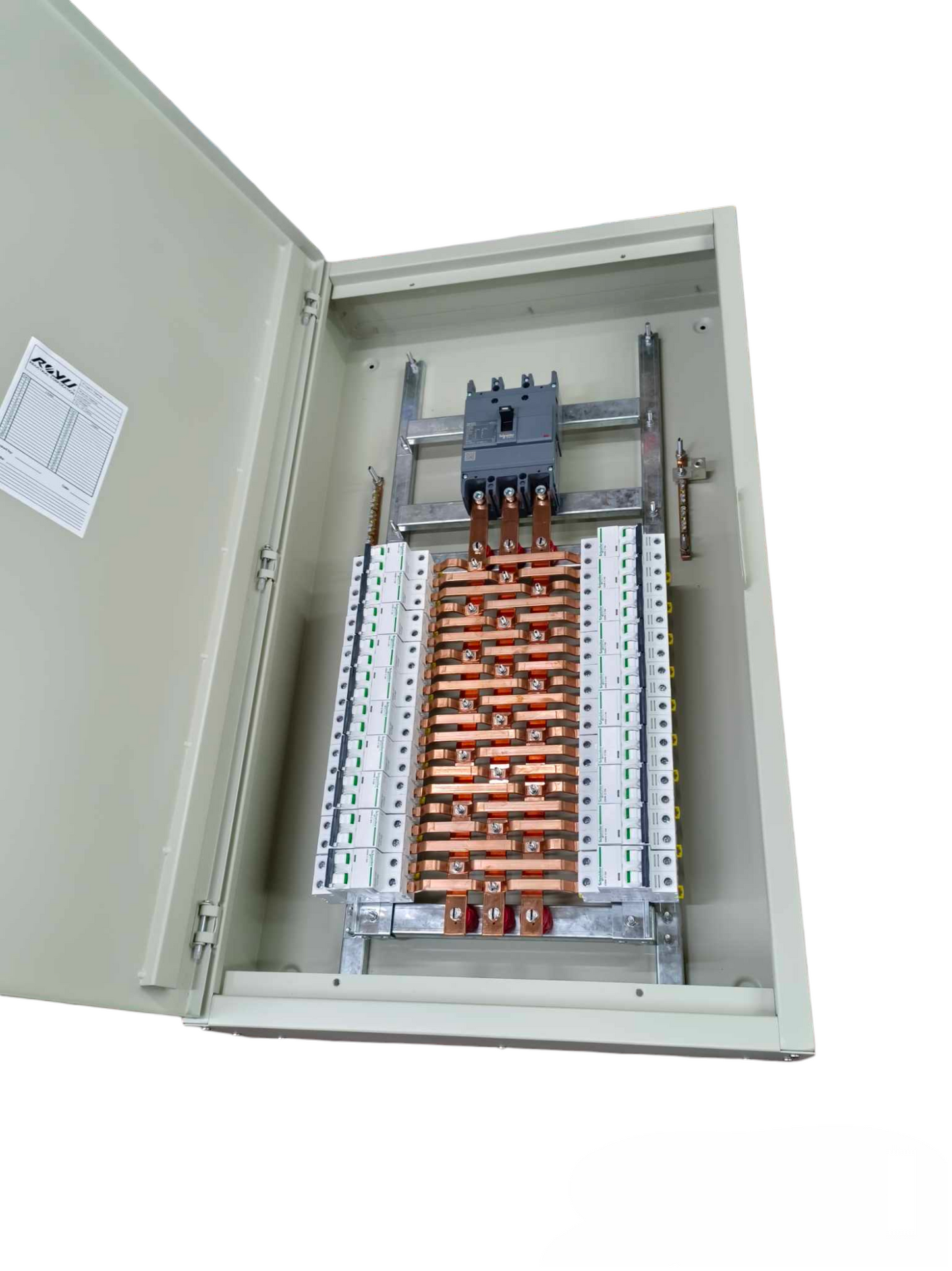 Schneider 3 pole EZC250H distribution board with copper busbars and circuit breakers inside an open gray metal enclosure