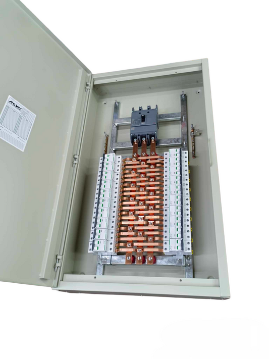 Schneider 3 pole EZC250H distribution board with copper busbars and circuit breakers inside an open gray metal enclosure