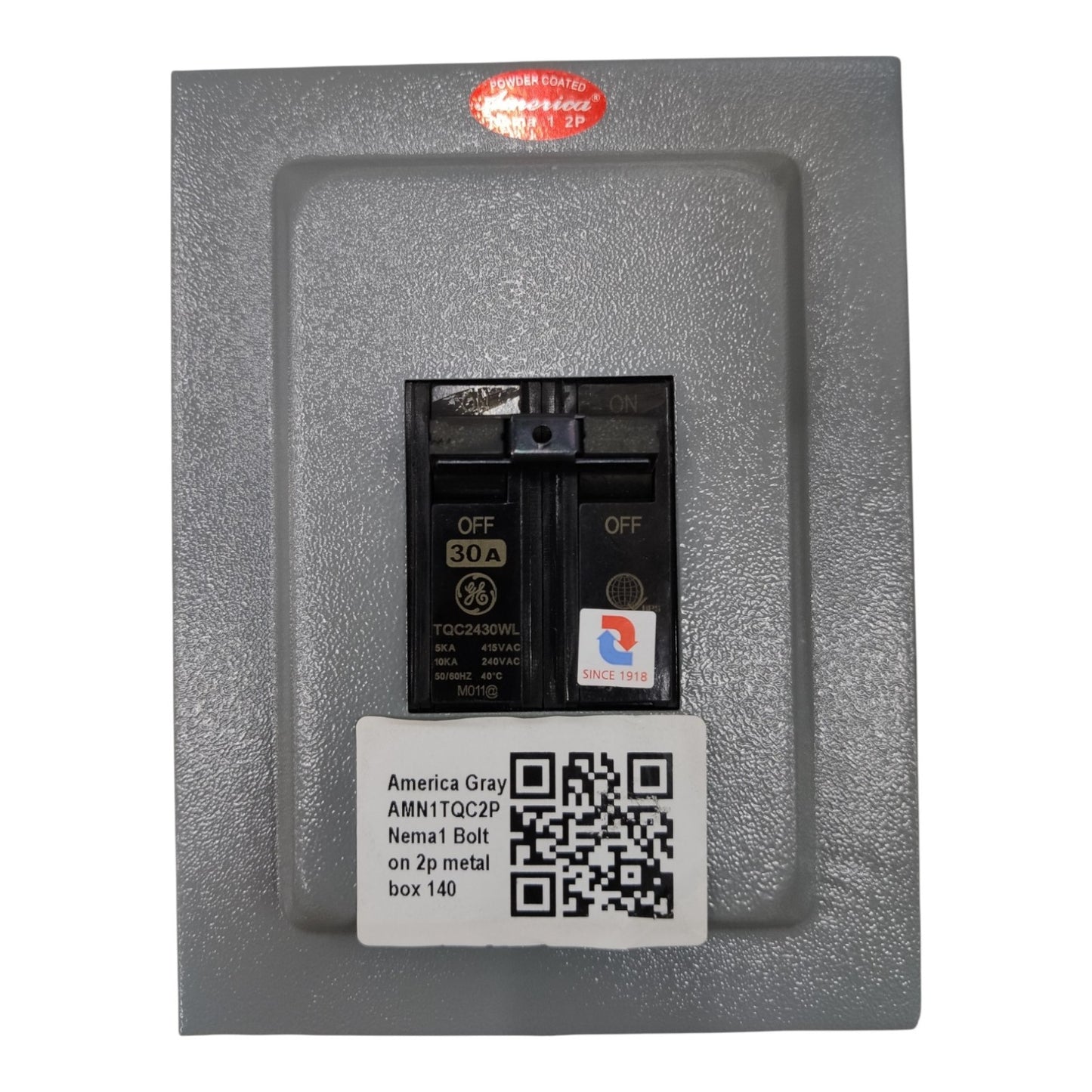 Gray electrical panel with a switch and QR code label on a white background 30A 2pole Bolt On circuit Breaker with Nema 1 Metal Enclosure available at Electx Electrical SUpply