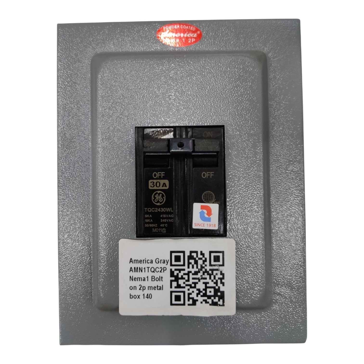 Gray electrical panel with a switch and QR code label on a white background 30A 2pole Bolt On circuit Breaker with Nema 1 Metal Enclosure available at Electx Electrical SUpply