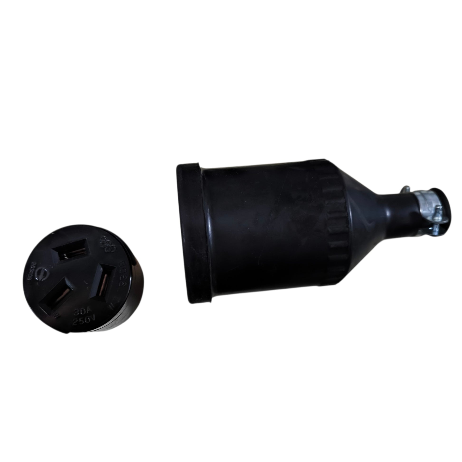 Black electrical plug and socket on a white background