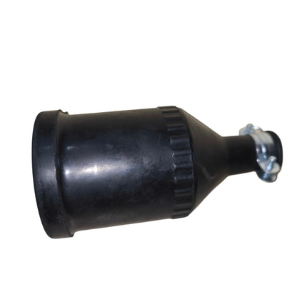 Black rubber grommet with metal screw on a white background