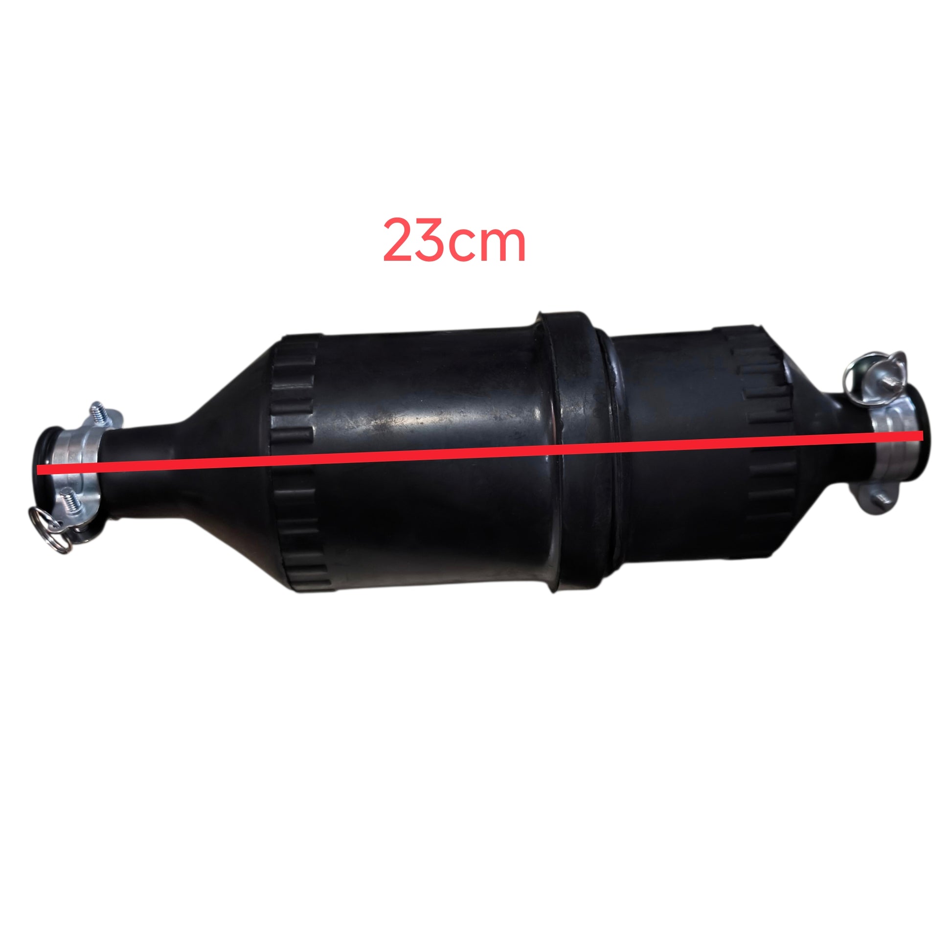 Black exhaust pipe with a red measurement line indicating 23cm on a white background