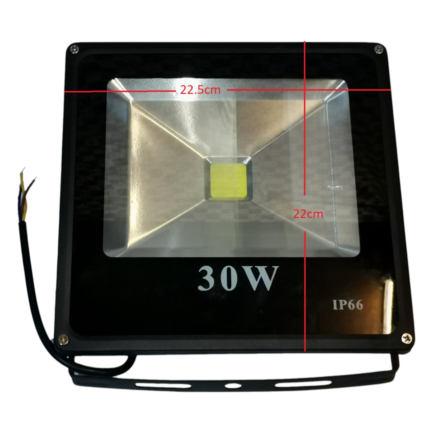 30W LED flood light with dimensions and rating on a white background