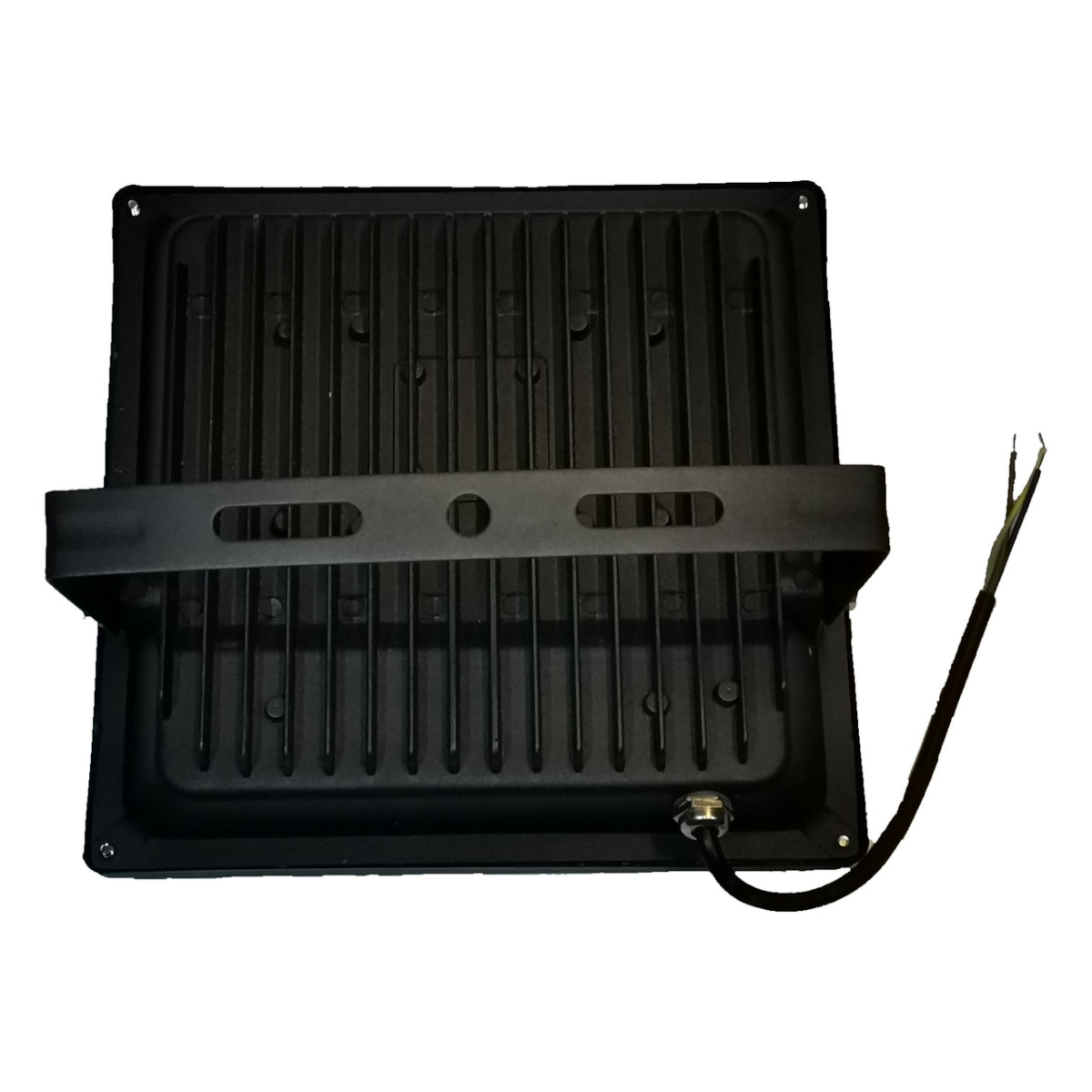 Black rectangular electronic device with a cable on a white background