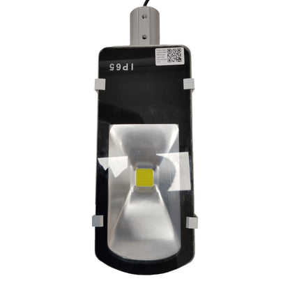 Black outdoor flood light with IP65 rating on a white background
