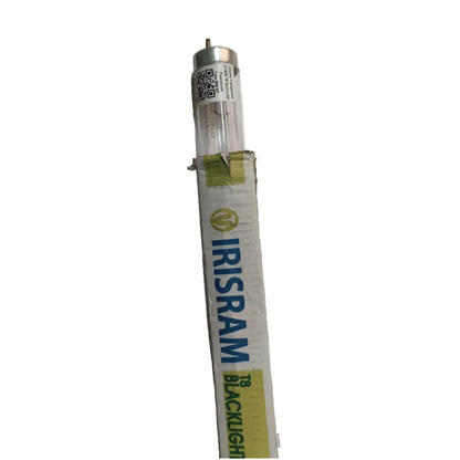 An IRISRAM T8 Blacklight fluorescent light tube in its original cardboard packaging, shown against a plain white background.