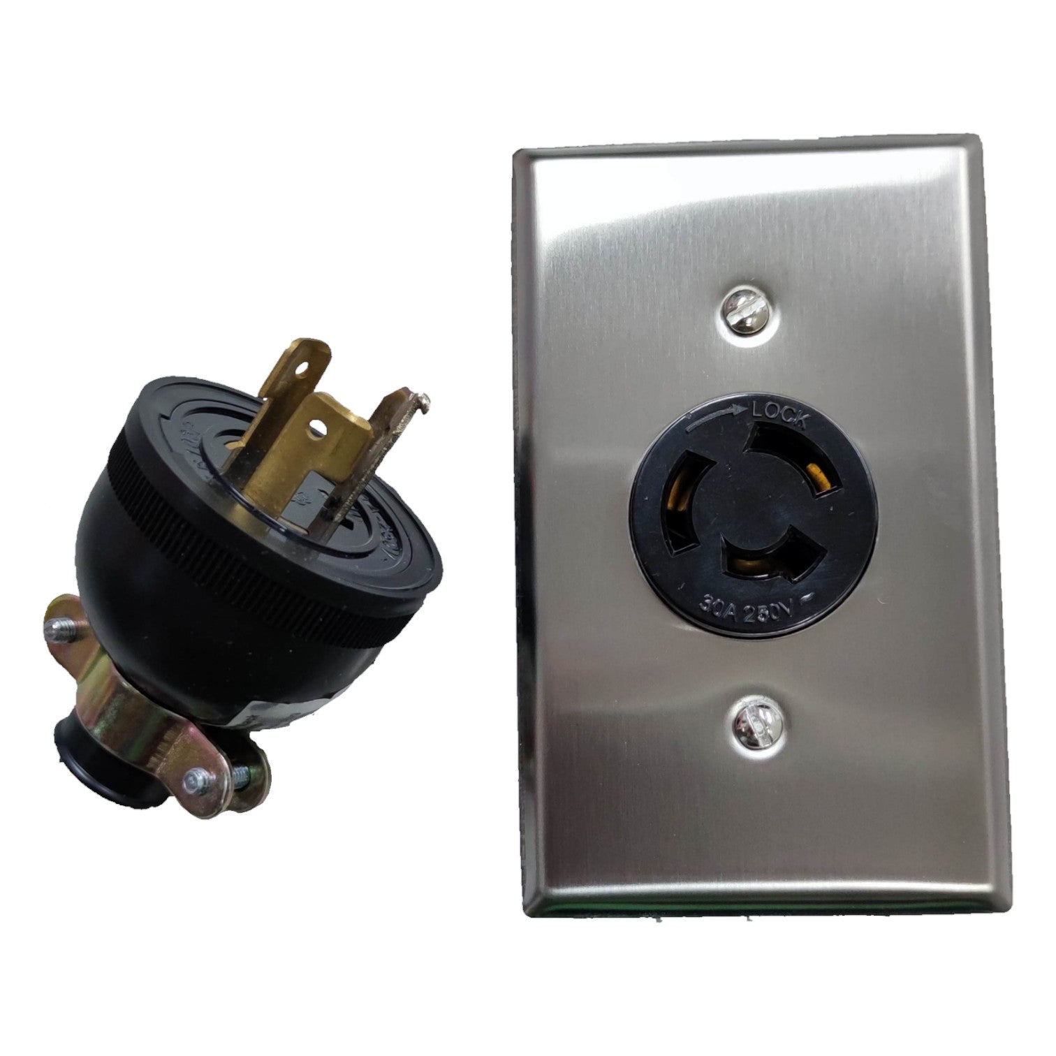 Grippes 30A twist lock wall outlet with durable stainless steel cover and twist lock plug for secure connections