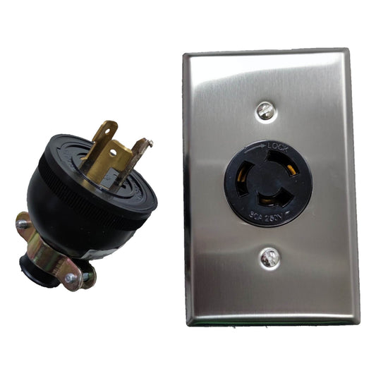 Grippes 30A twist lock wall outlet with durable stainless steel cover and twist lock plug for secure connections