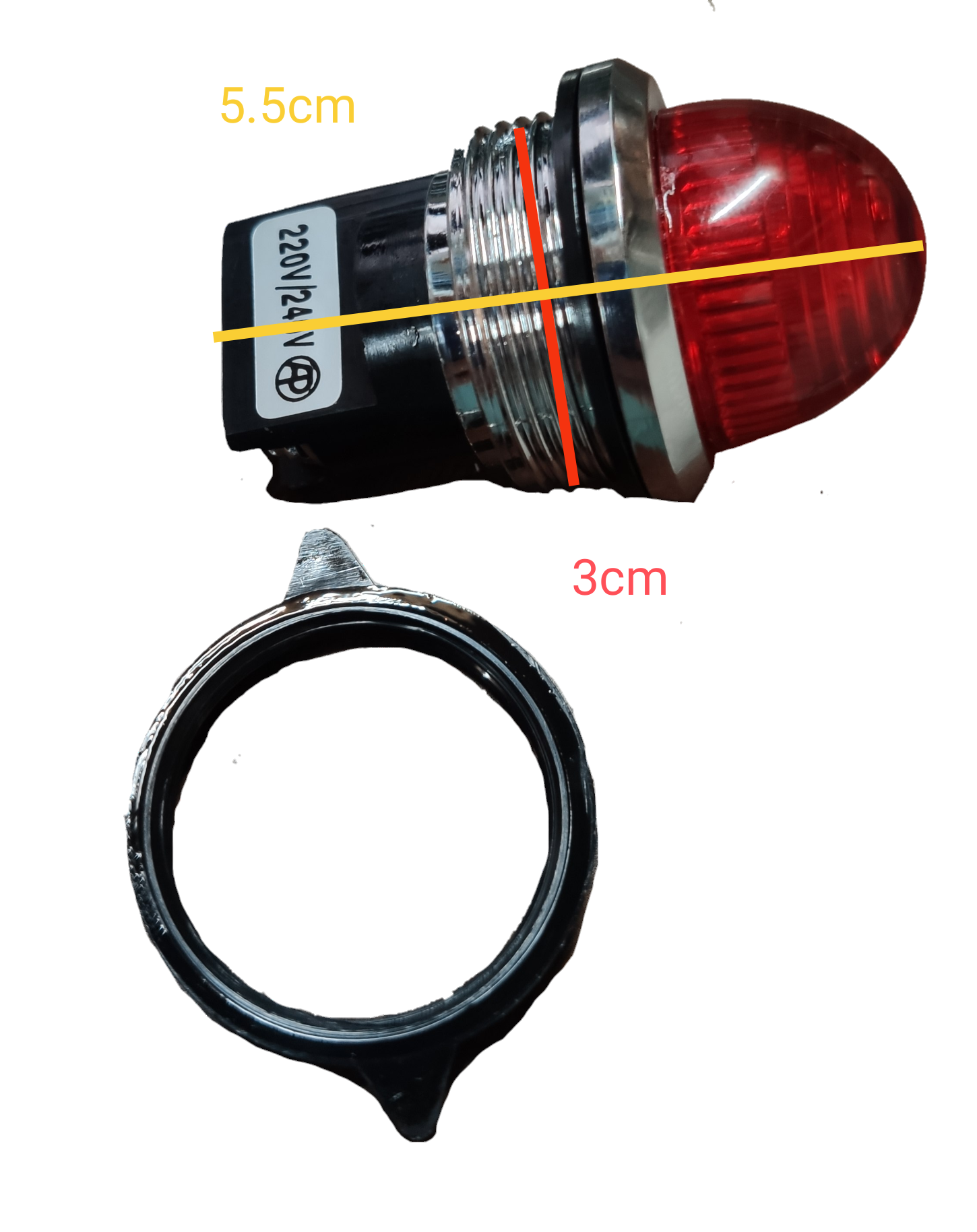 Auspicious 30mm pilot lamp 220V with red light and silver metal ring for work and safety use