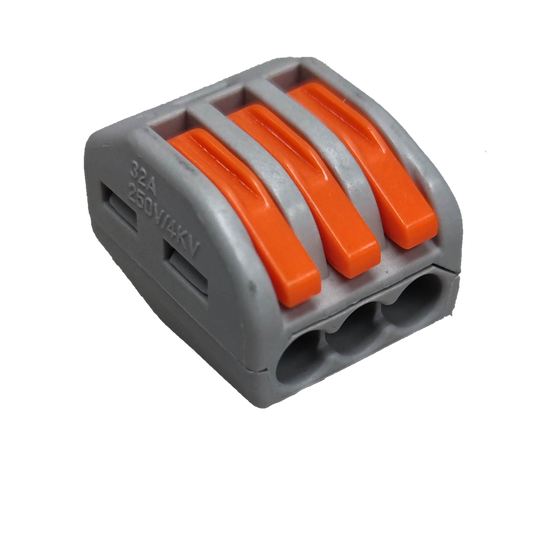 32A 250V wire terminal block with three orange levers and gray plastic housing for electrical wiring