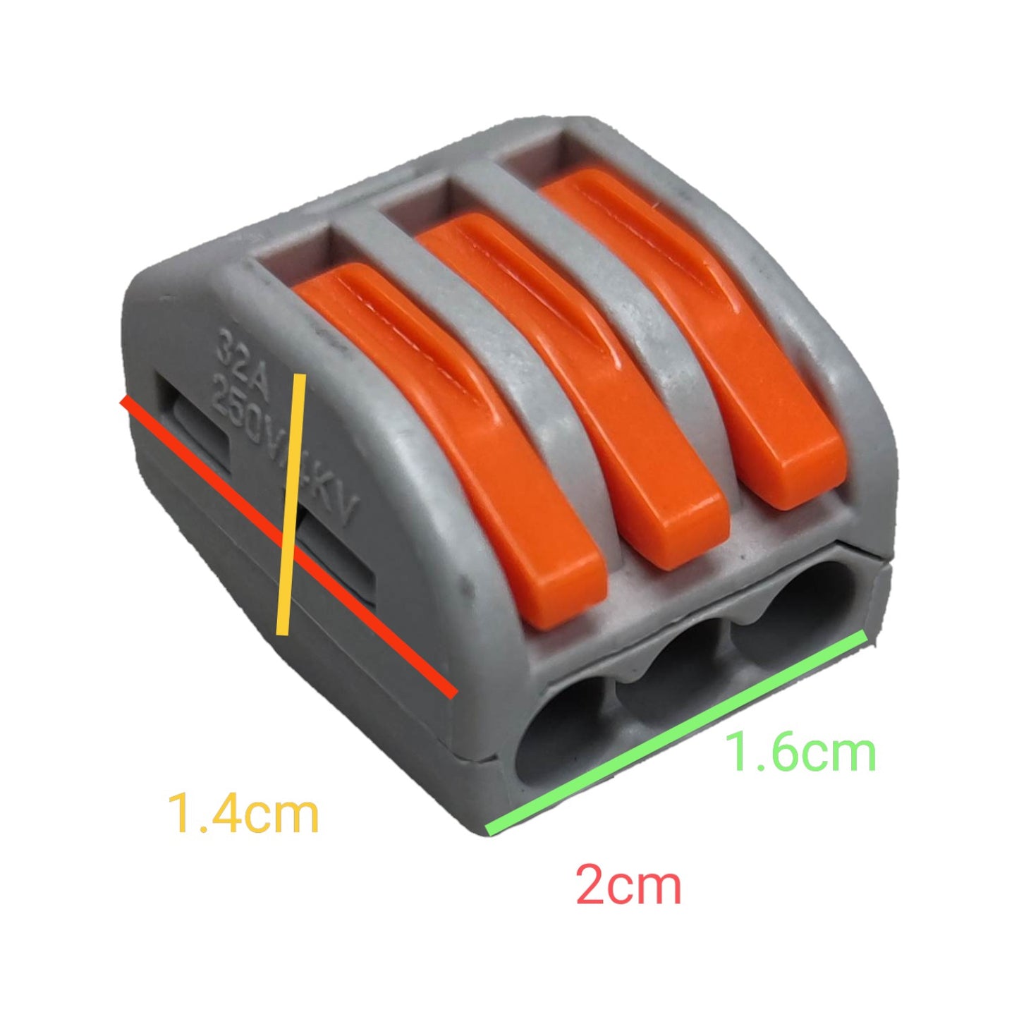 32A 250V wire terminal block in gray with three orange levers for easy wiring connections