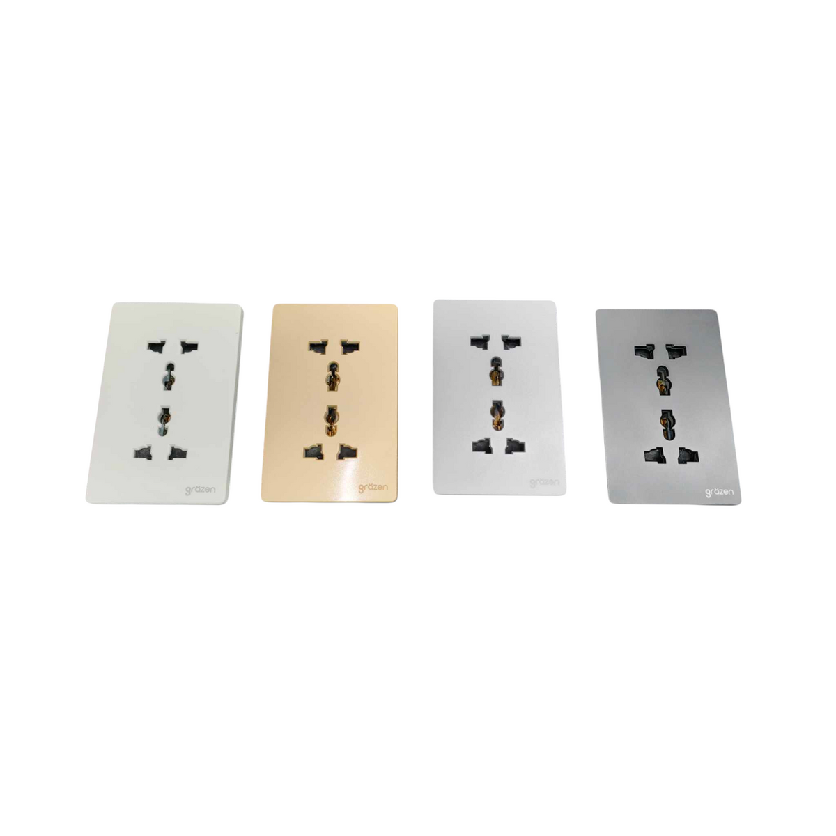 Four rectangular wall outlet covers shown side by side on a plain white background, in white, champagne gold, white, and silver finishes.