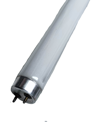 Irisram 36W T8 yellow fluorescent tube with metal pins on a white glass tube against black background
