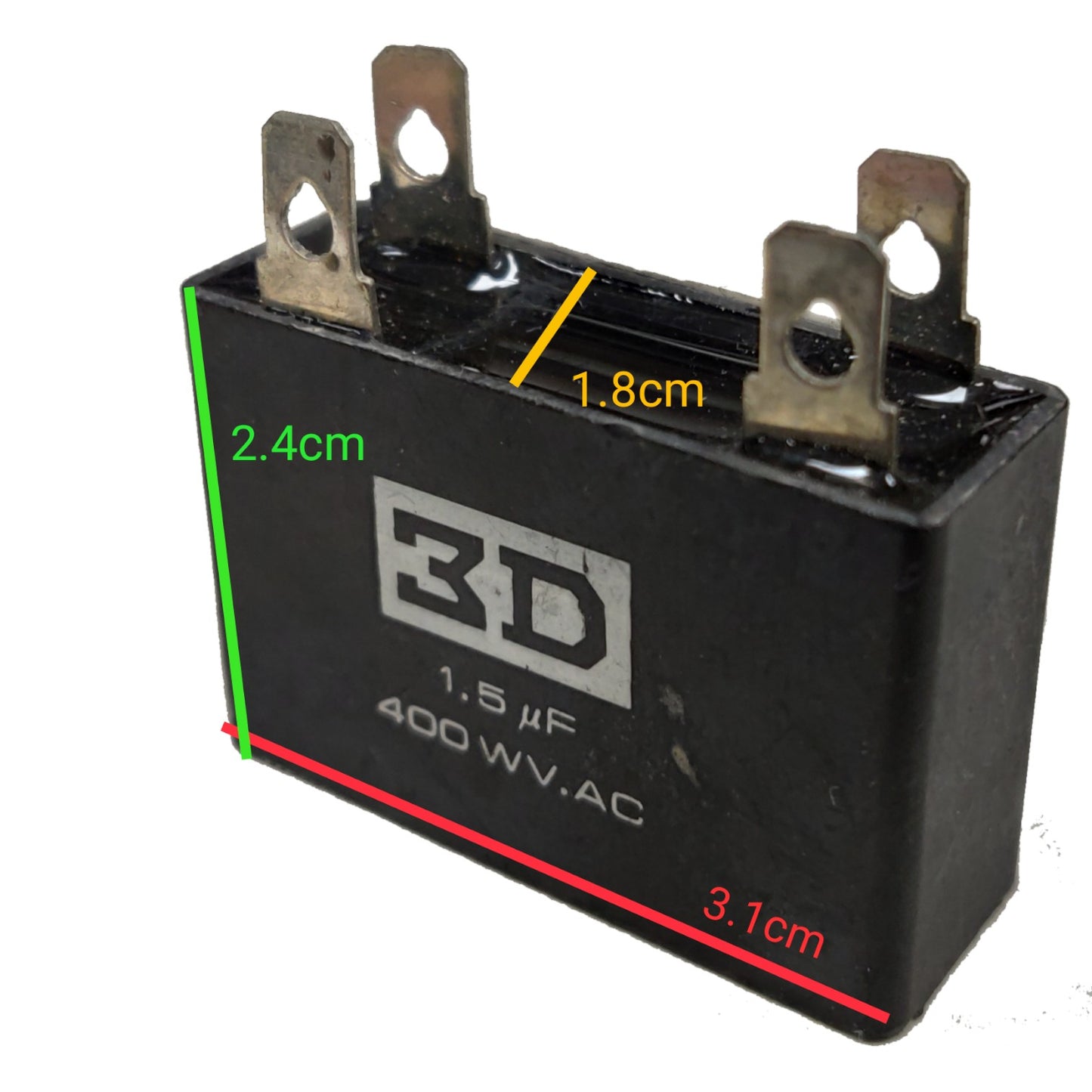 Black capacitor with labeled dimensions on a white background