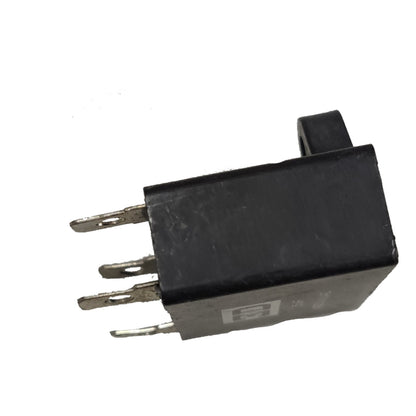 Black relay with metallic contacts on a white background