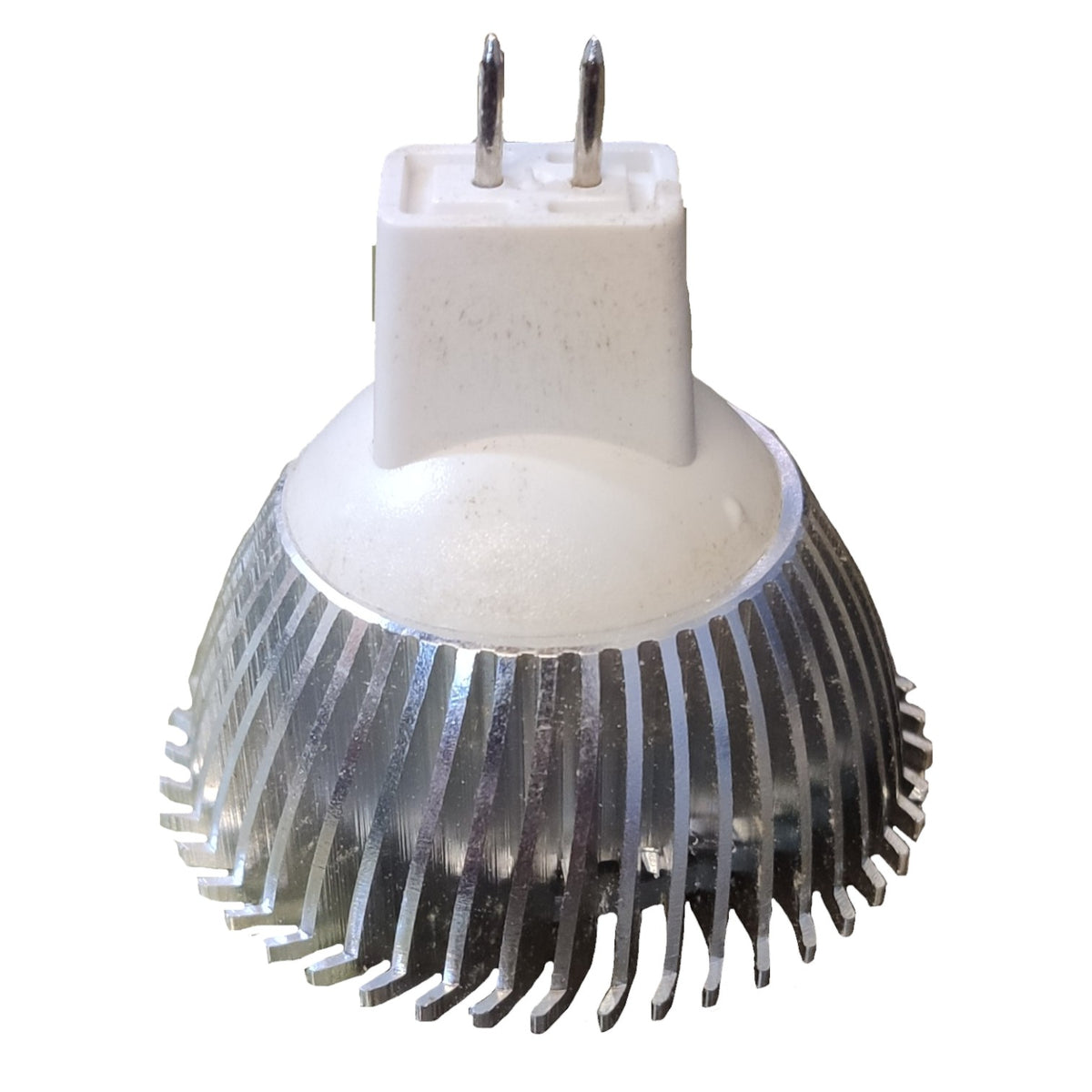 LED light bulb with heat sink design on a white background