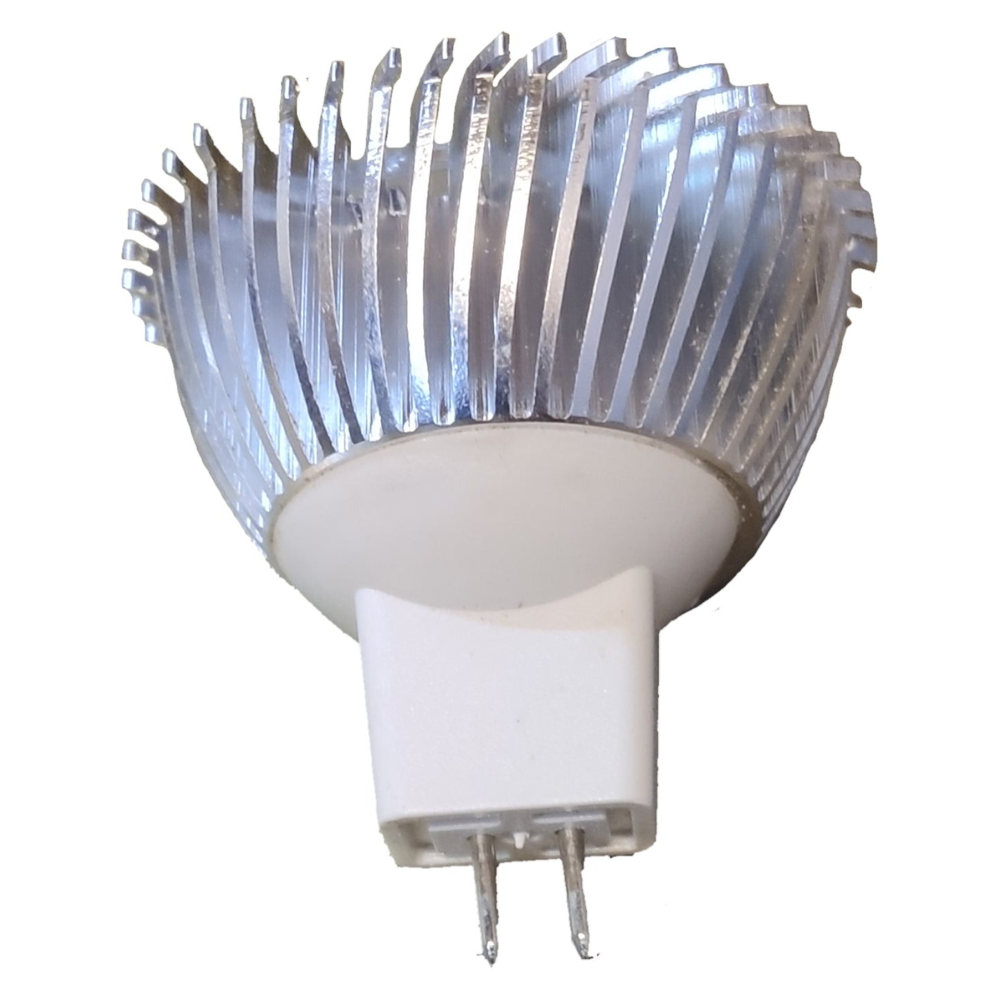 Light bulb with metallic heat sink on a white background