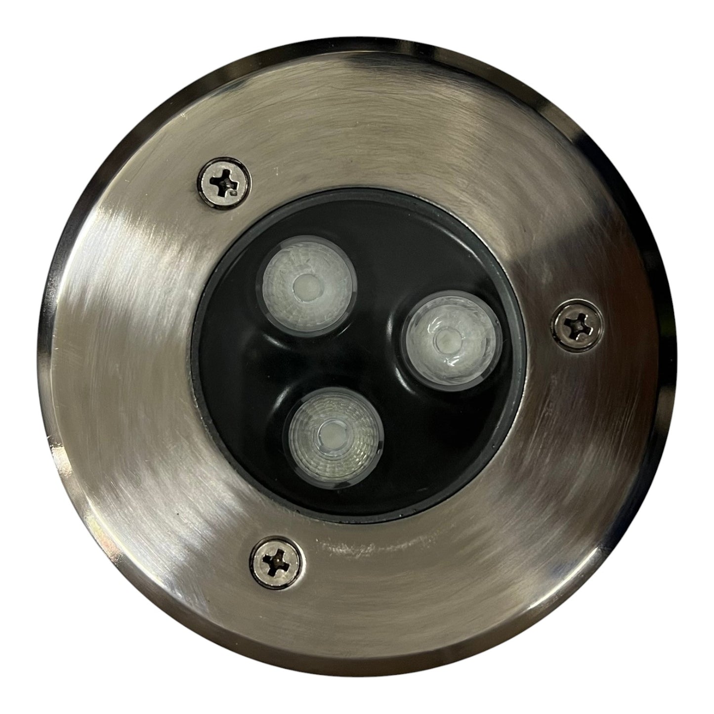 Round metallic outdoor light fixture with three LED lights on a white background