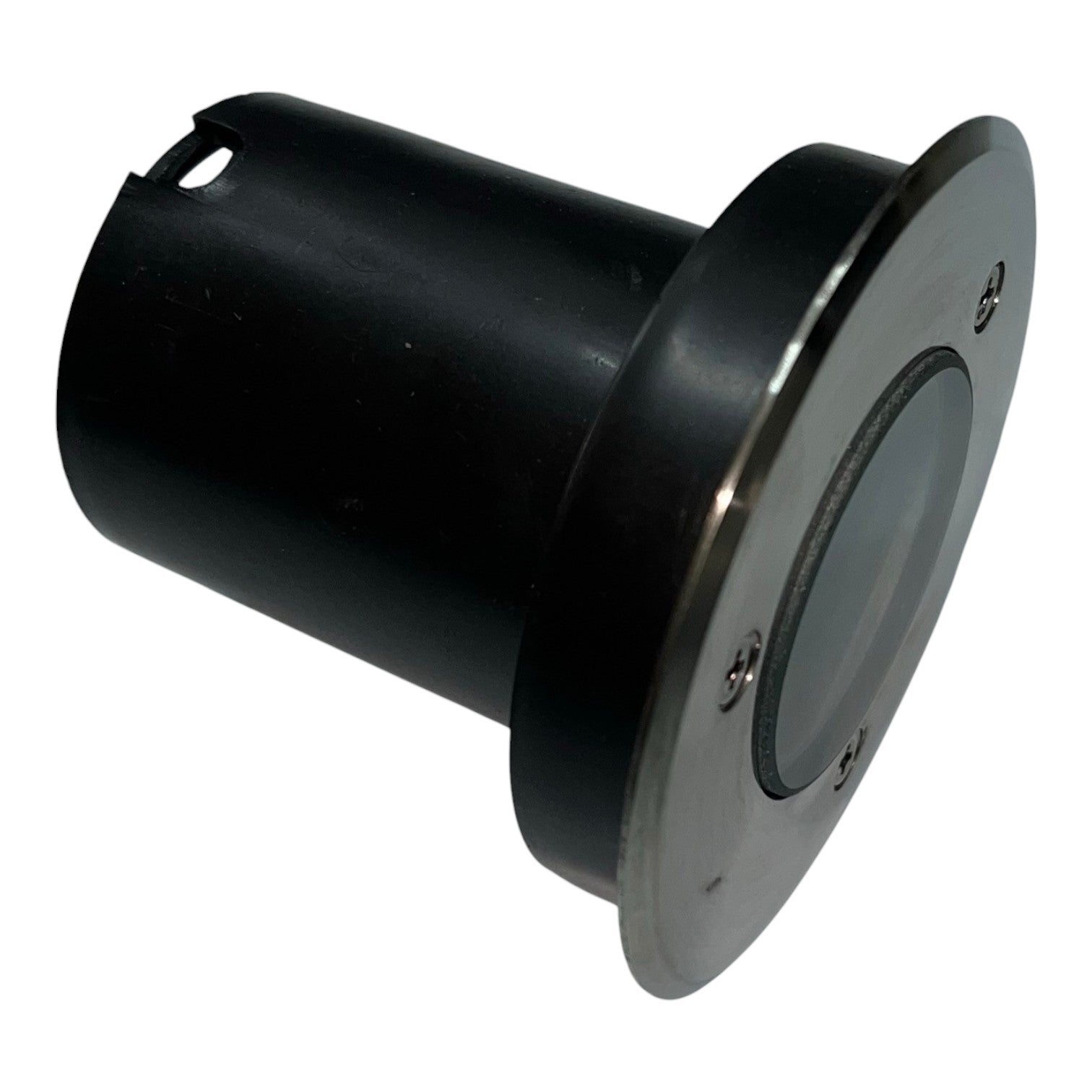 Black cylindrical object with a metallic flange on a white background
