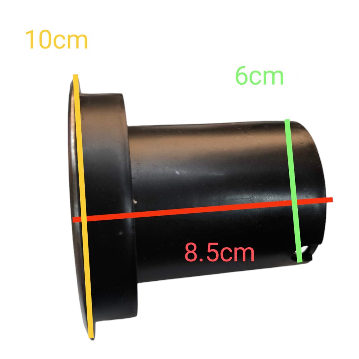 Black cylindrical object with measurements in centimeters on a white background