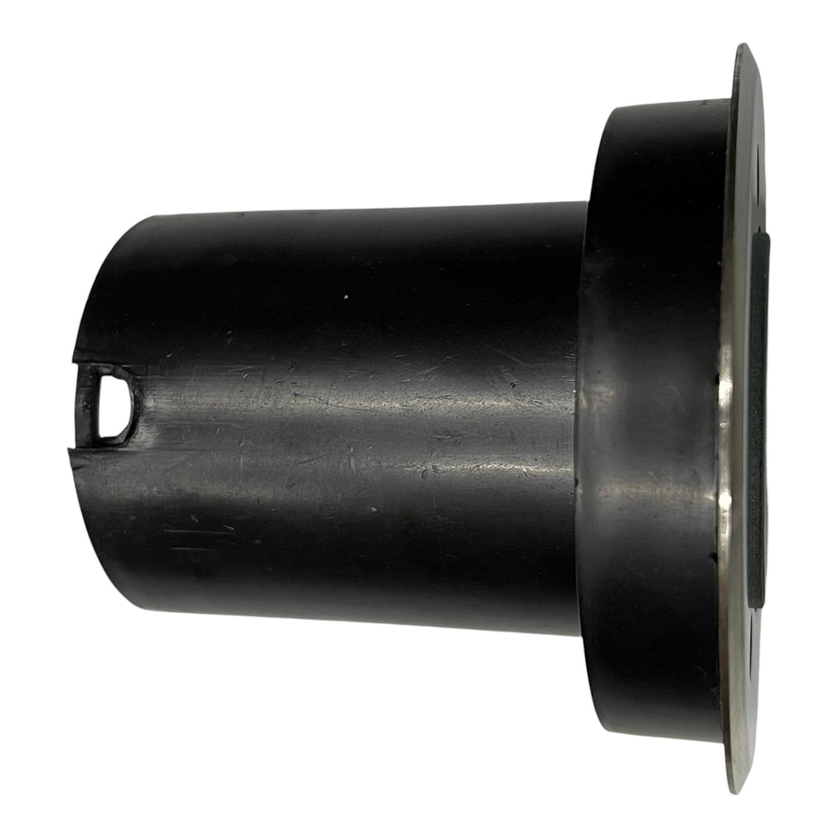 Black cylindrical metal component on a white background