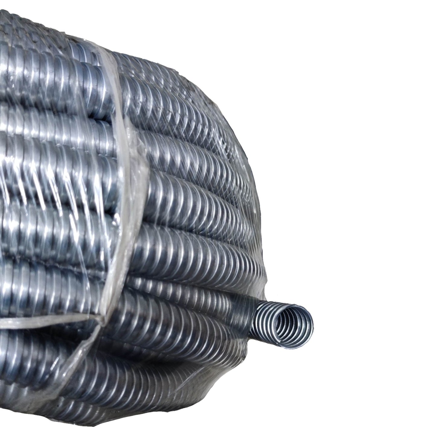 Coiled metal pipe on a white background