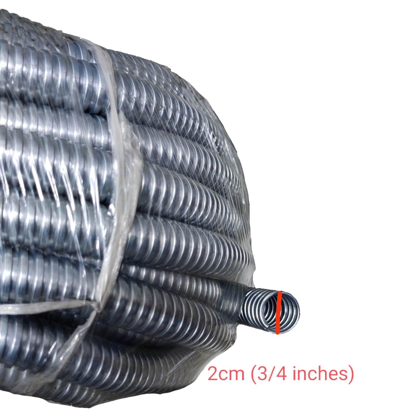 Coiled metal duct with a measurement label on a white background