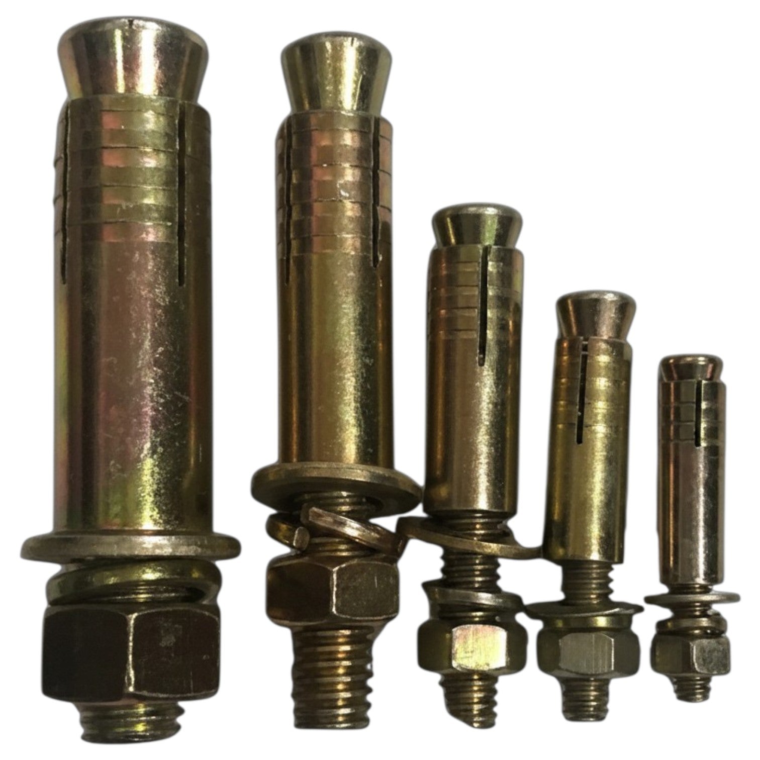 Set of metal bolts with nuts on a white background