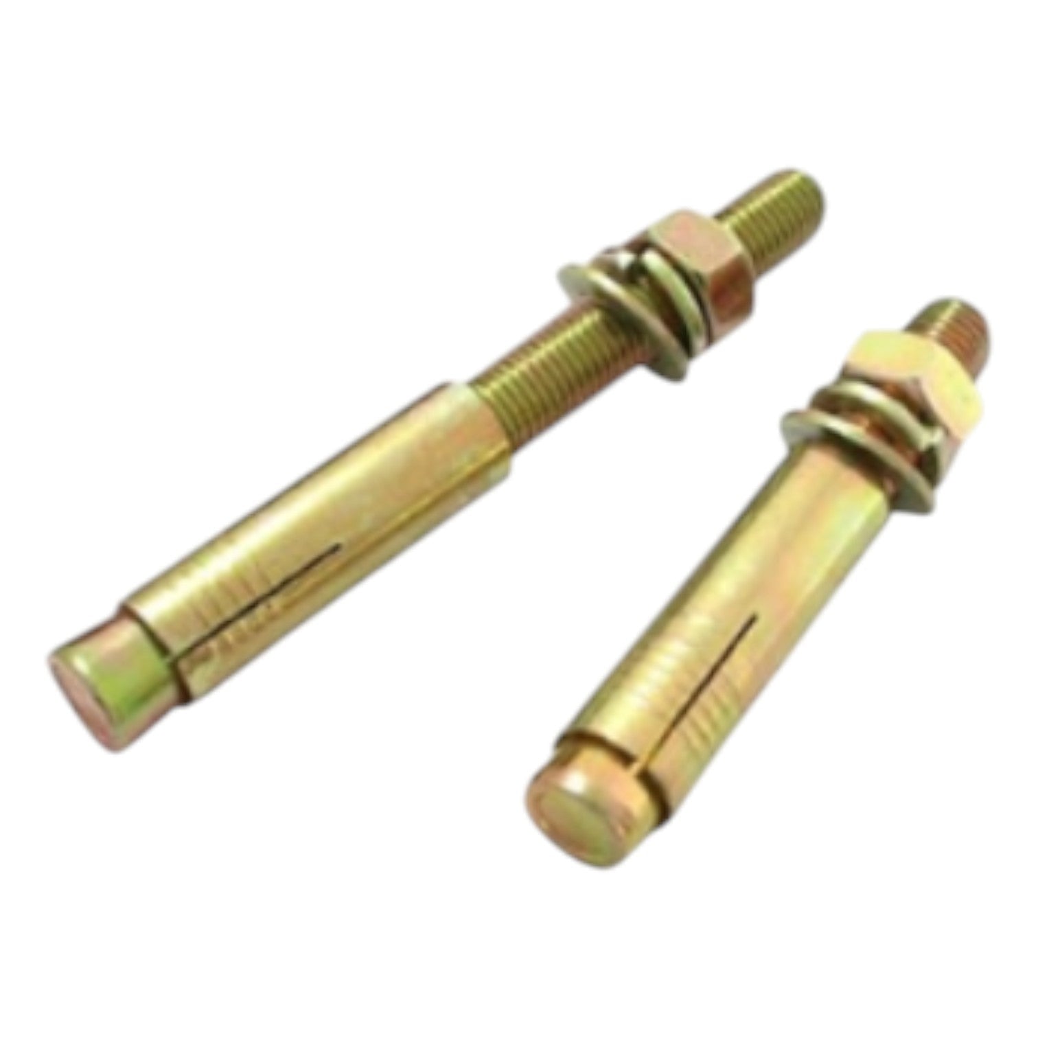 Two gold-colored metal bolts on a white background