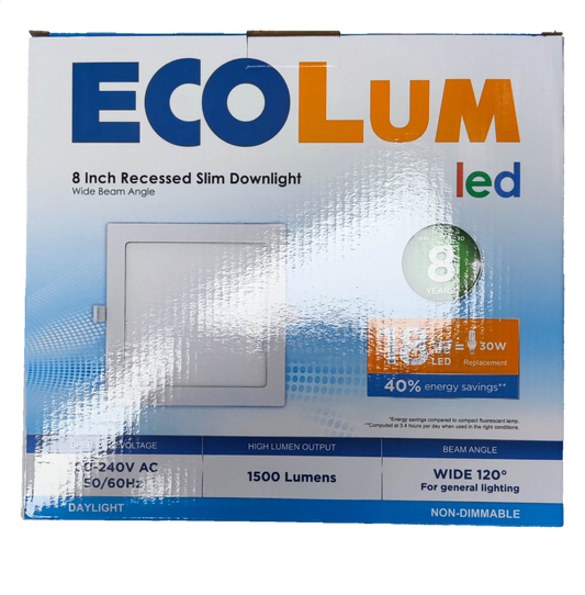 Ecolum 18W LED Downlight Square 220V Daylight Recessed , 8" Square LED Downlight 220V Daylight 20cm x20cm Cut Out Flush