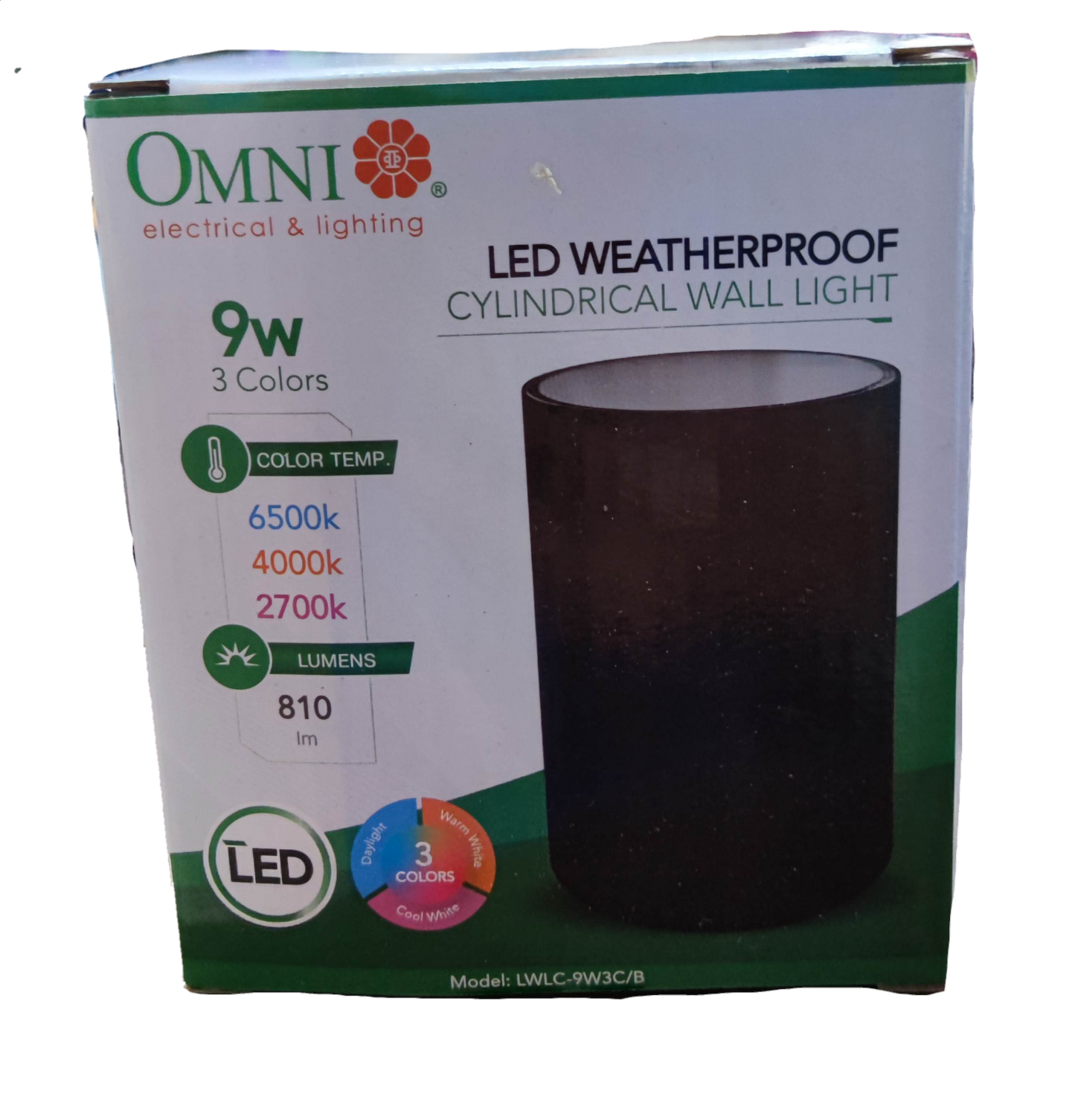 Omni 9W Tri Color LED Wall Lamp 220V Weather Proof 810 Lumens 6500K, 4000K, 2700K