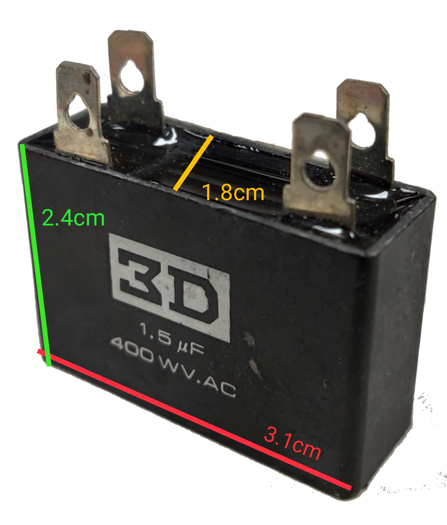 3D Motor Capacitor 400V AC with dimensions of 2.4cm x 3.1cm, ideal for electrical circuitry projects
