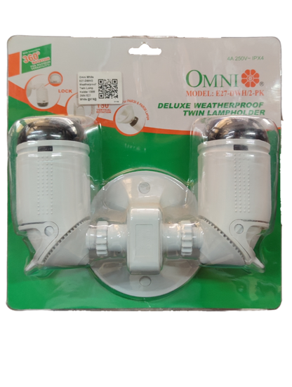 Omni Weatherproof Heavy Duty Lamp Holder 2 x E27, Outdoor E27 Socket Angle Lamp Holder Deluxe Weatherproof Twin Lamp holder