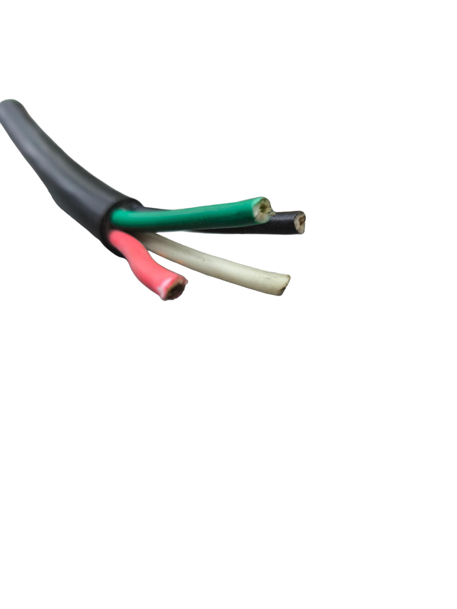 Philflex 4 core 38mm electrical cable with black outer sheath and exposed red green white wires