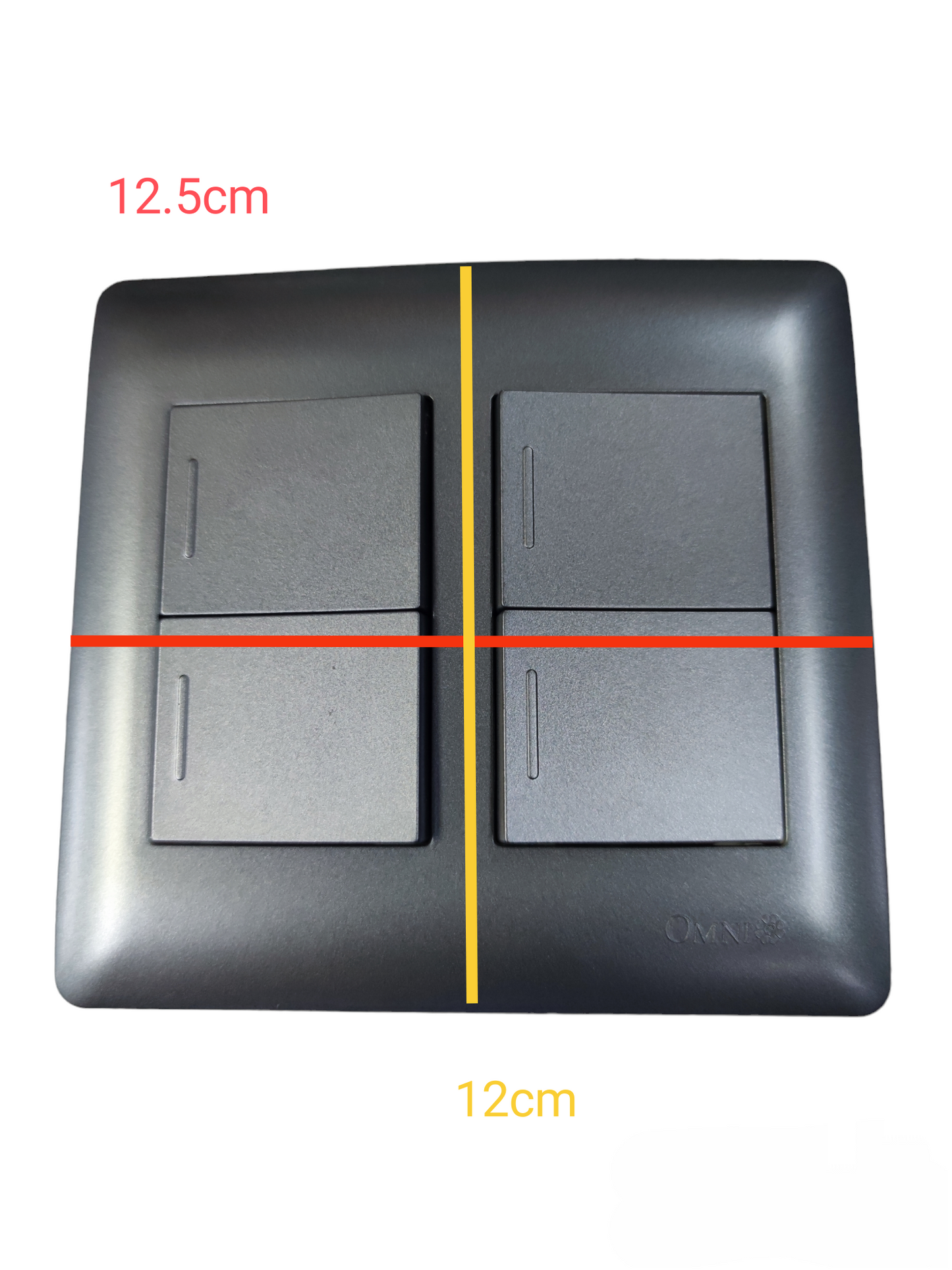 Omni 4 Gang 1 Way Switch 16A 250V black switches with measurements 12.5 by 12 centimeters