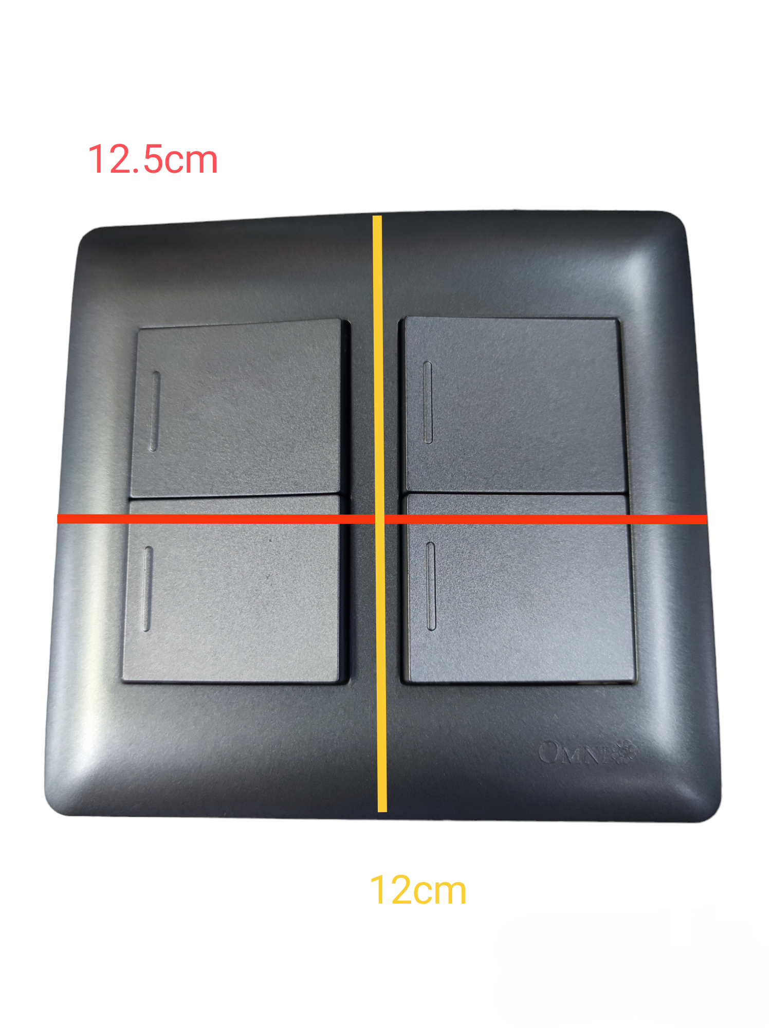 Omni 4 Gang 1 Way Switch 16A 250V black switches with measurements 12.5 by 12 centimeters