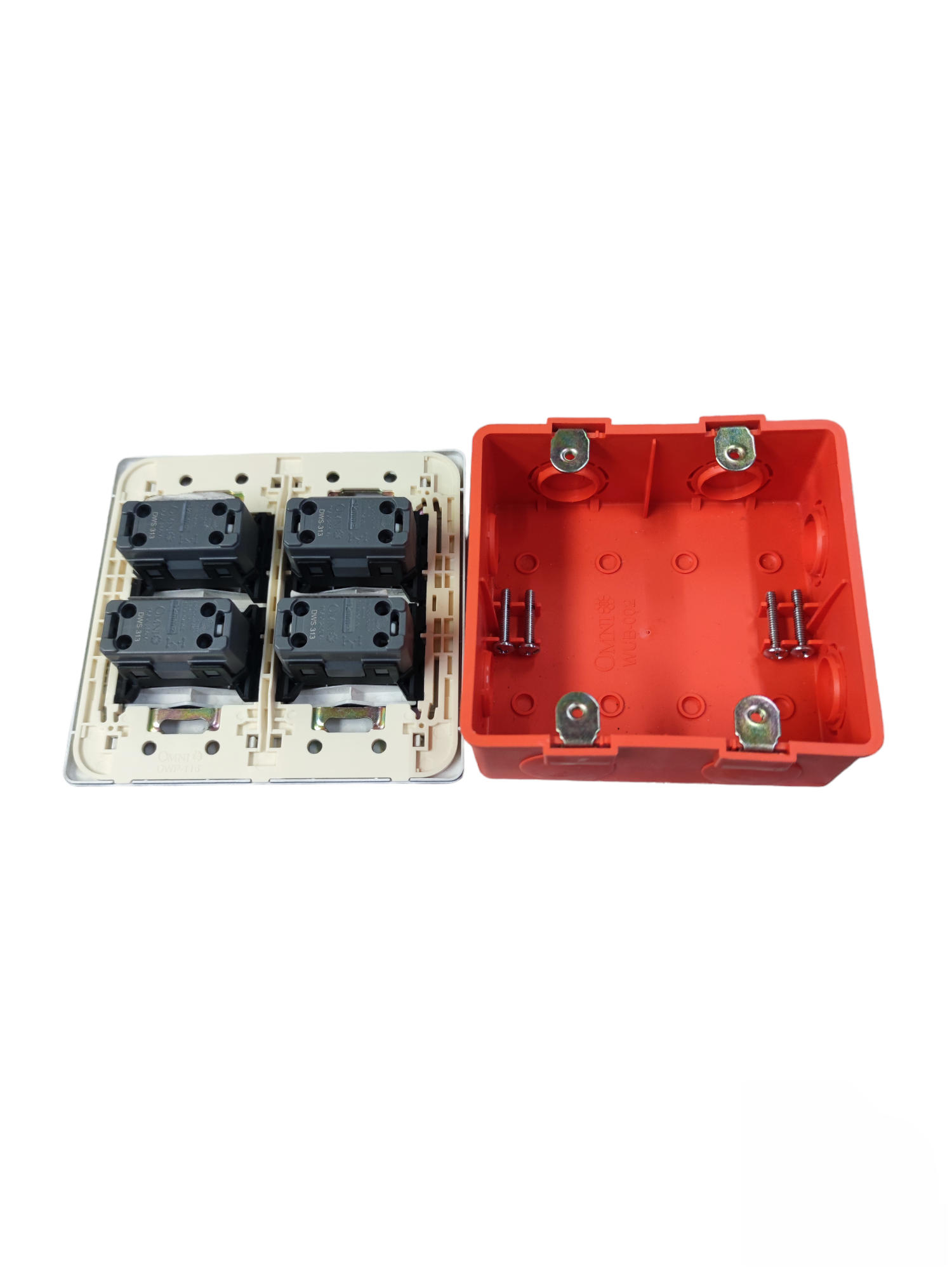 Omni 4 Gang 1 Way Switch 16A 250V electrical switch with red mounting box and wiring terminals