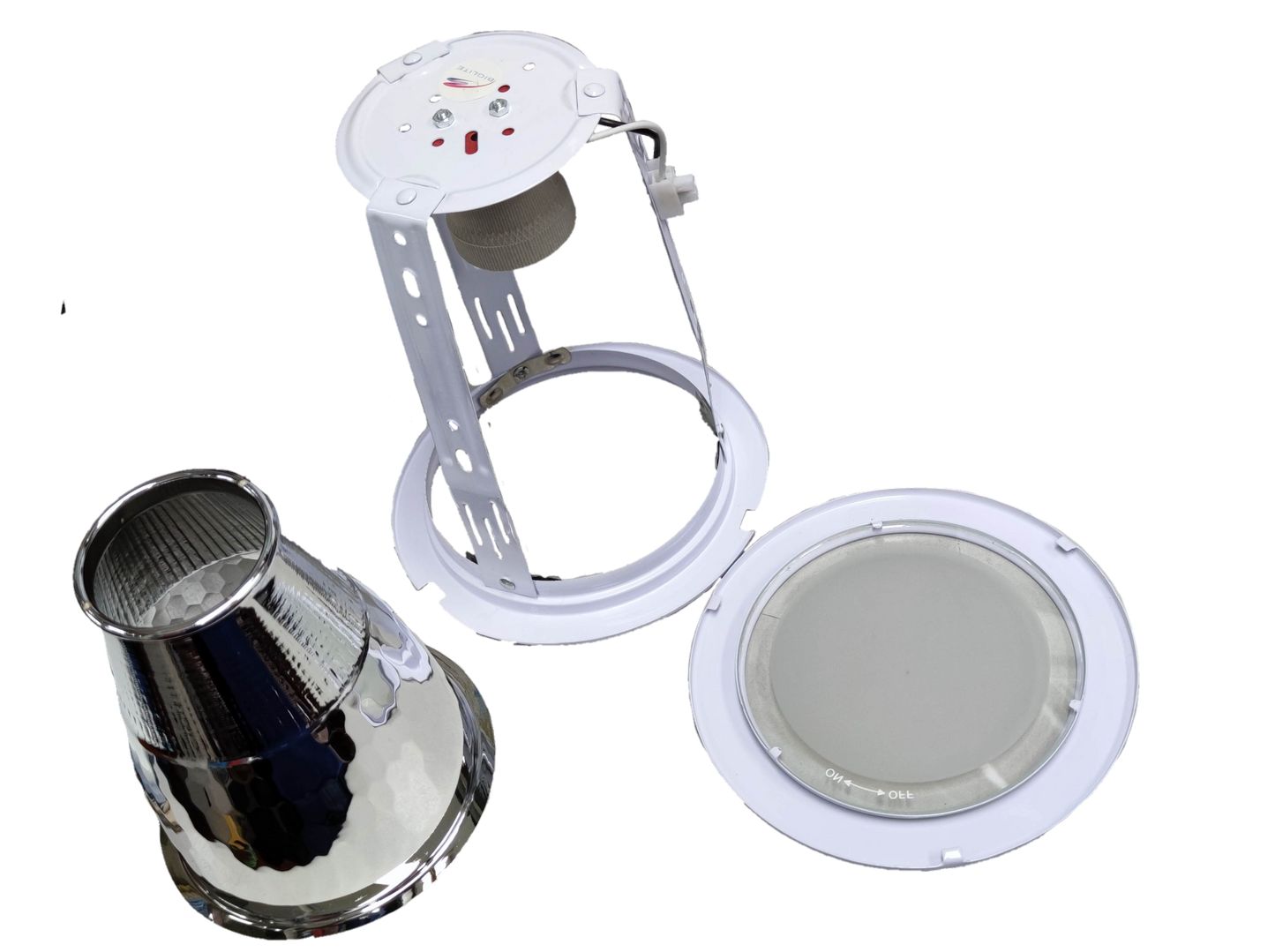 Biglite 4 inch E27 downlight fixture components including reflector, mounting bracket, and diffuser lens