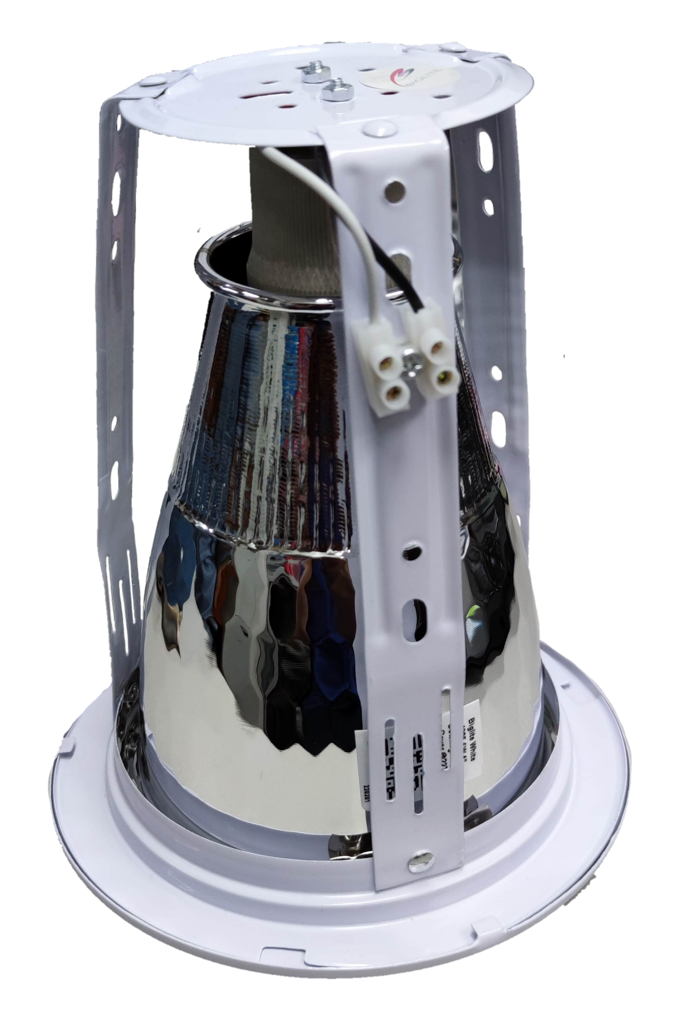 Biglite 4 inch E27 downlight fixture with white metal frame and reflective inner surface for lighting installation