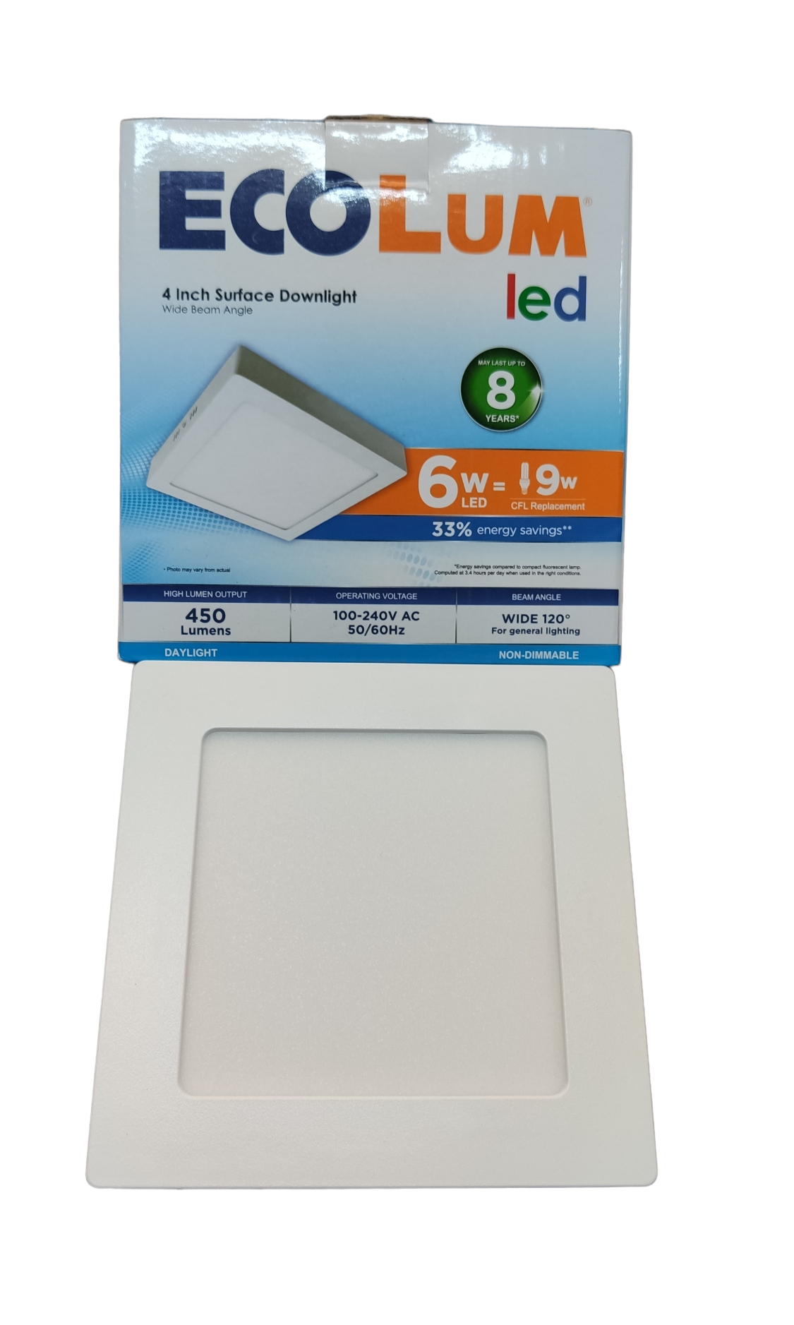 Ecolum 4 inch square 6W LED downlight 220V packaging showcasing energy-saving features