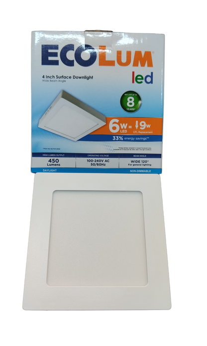 Ecolum 4 inch square 6W LED downlight 220V packaging showcasing energy-saving features