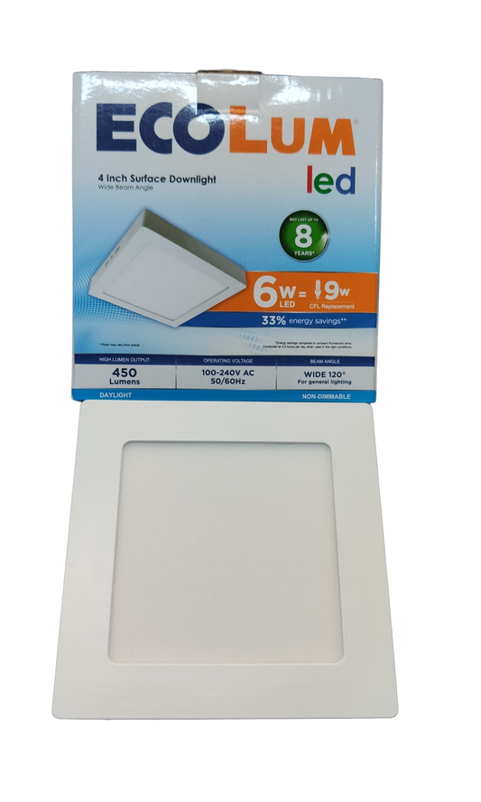 Ecolum 4 inch square 6W LED downlight 220V packaging showcasing energy-saving features