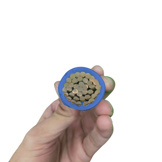 400mm THHN Stranded Wire - blue with a detailed view of the copper strands inside