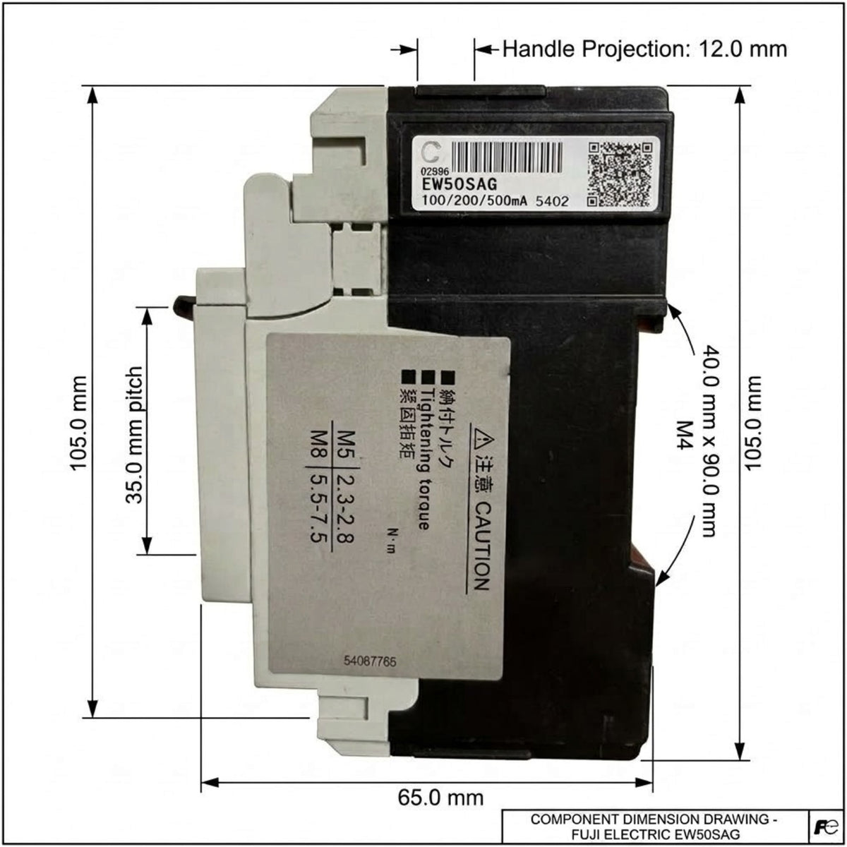 A technical dimension drawing of a Fuji Electric EWS05SAG electrical component, showing front and side measurements in millimeters with labels such as handle projection, pitch, and overall height and width.