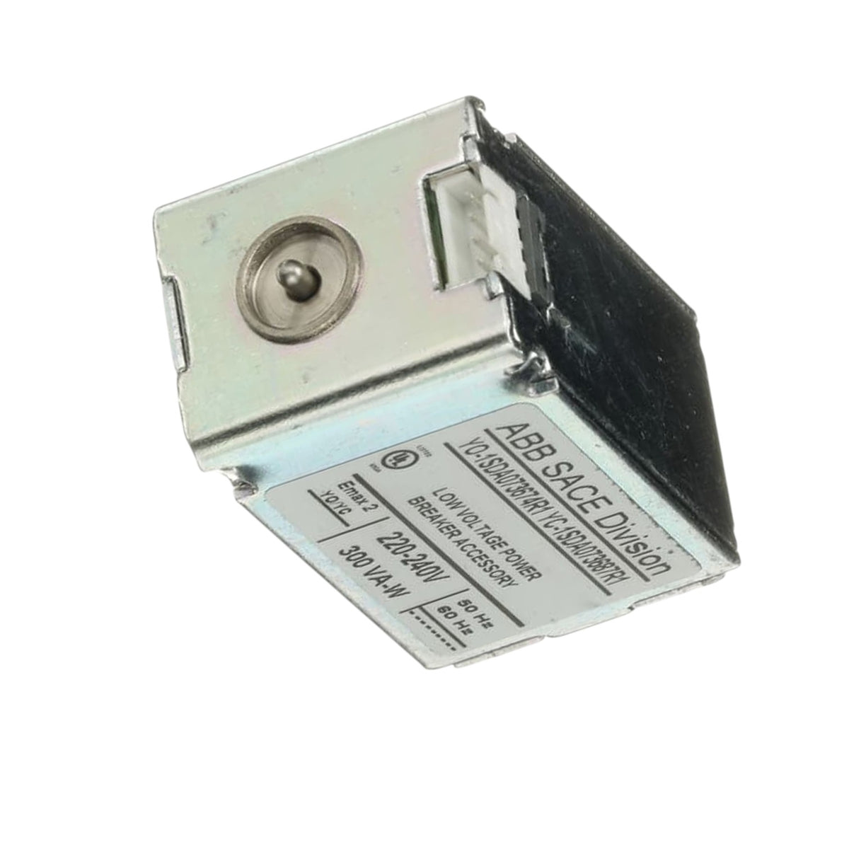 A small rectangular metal electrical relay component with printed specifications on the side, photographed on a plain white background.