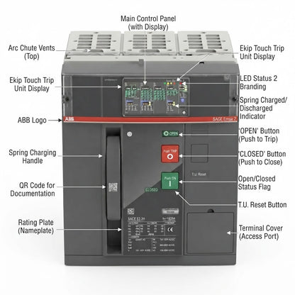 A Siemens ABB SACE E3000 electrical contactor with detailed callout labels pointing to various components such as the main control panel, touch trip unit displays, branding, buttons, and terminal covers, set against a plain white background.