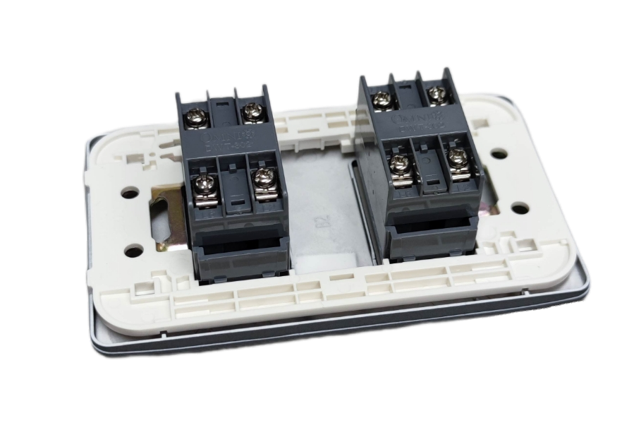 Omni designer 2 gang telephone outlet with exposed dual terminal blocks and white mounting plate