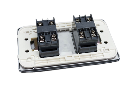 Omni designer 2 gang telephone outlet with exposed dual terminal blocks and white mounting plate