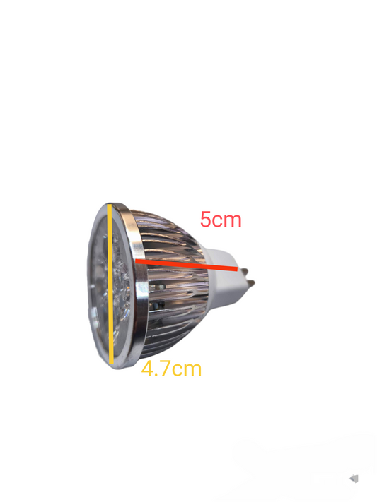 4W LED MR16 bulb with metal heat sink and front lens showing dimensions 5cm length and 4.7cm diameter